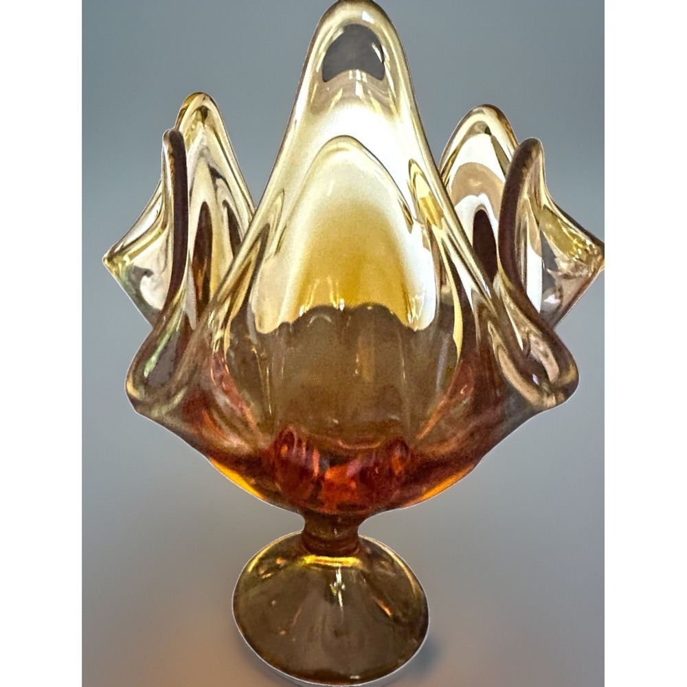 Viking Amber Art Glass Handkerchief Vase Six Petal Pedestal Mid Century 7.75" T - Picture 8 of 12